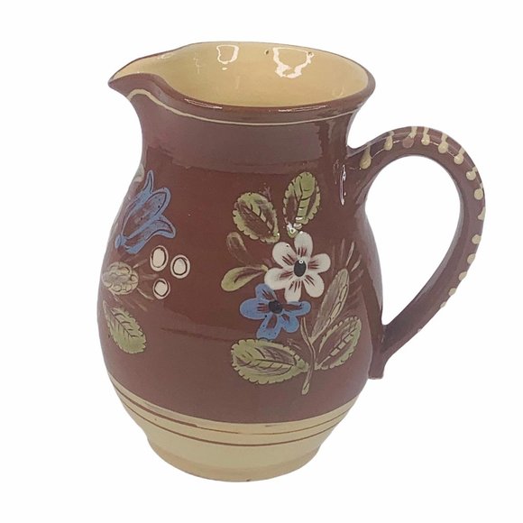 Redware Pitcher Floral Hand Painted Farmhouse - Picture 10 of 12